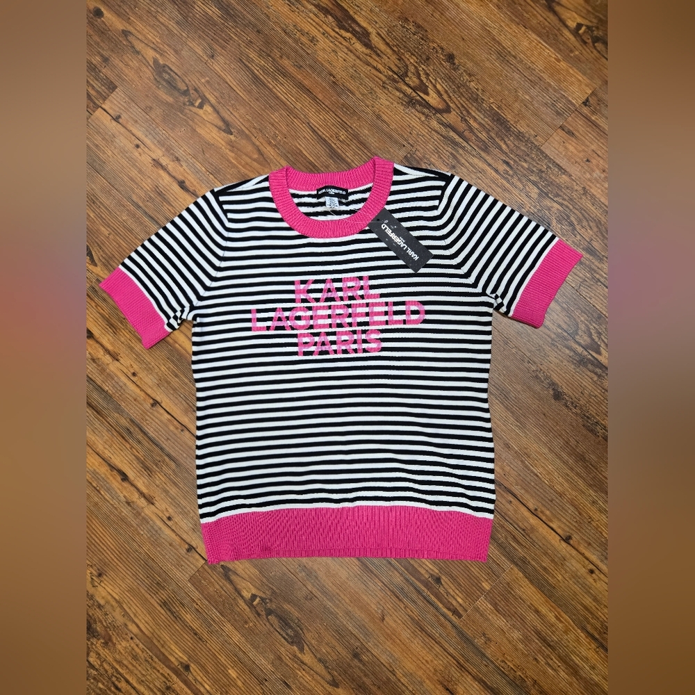Karl Lagerfeld M sweater nwt msrp$79 pink white soft chic